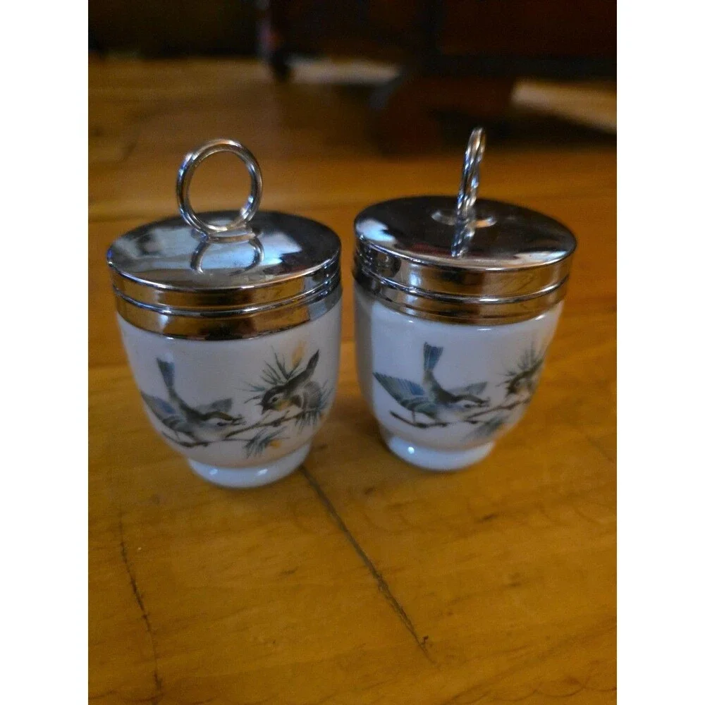 Royal Worcester Set Of 2 Birds Egg Coddlers Porcelain Chrome Lid England VINTAGE